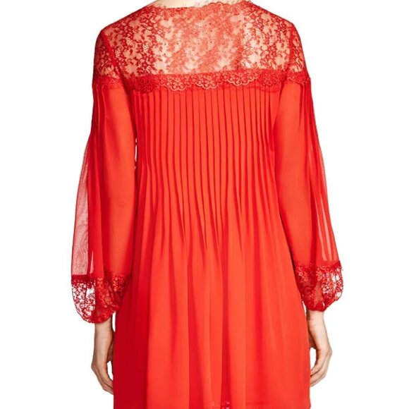 The Kooples Red Lace Chiffon Shift Dress Medium Red Long Sleeve Pleated Mini - Picture 9 of 11